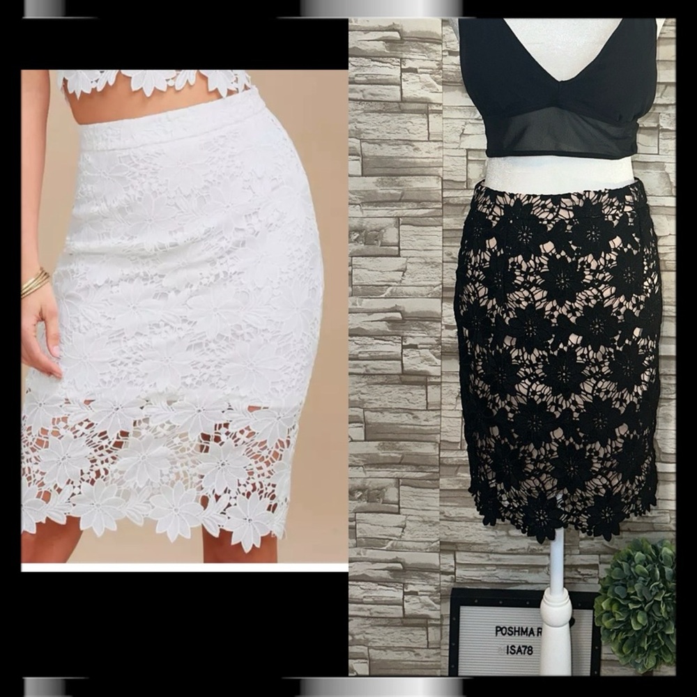 Lulu’s Look at Me Wow Black Floral Crochet Lace Exposed Zipper Midi Skirt